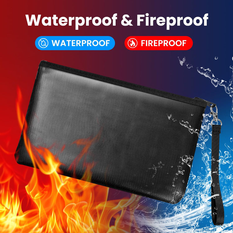 Quctak 6400°F Fireproof Money Bag 2pcs, Fireproof Document Bags, Bank Cash Bag with Zipper & Strap, Suitable for A5 Documents, Bank Inventory, Passport (Black)