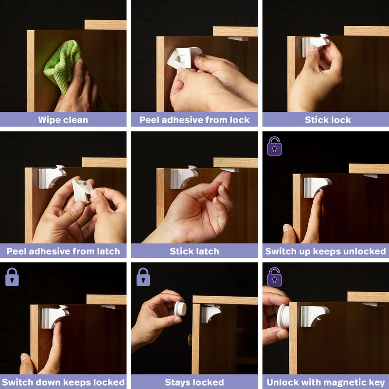 MATANA 20 Pack Magnetic Cabinet Locks Baby Proofing (20 Locks + 4 Keys) Adhesive Easy Installation, No Drilling Child Proof Cabinet Locks Magnetic Drawer Locks