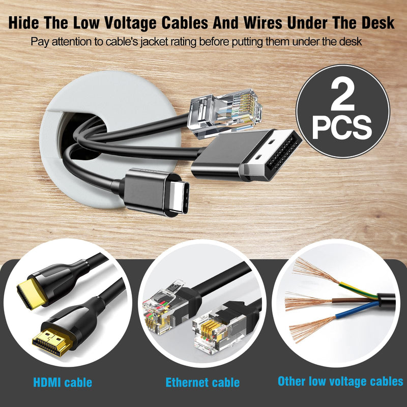 2" White Desk Grommet, JTemgle Plastic Cable Hole Cover Computer Table Cord Wire Organizer Caps Desktop Cord Management for Home Office TV Stands Tabletops, 2 Pieces 2" / 50mm