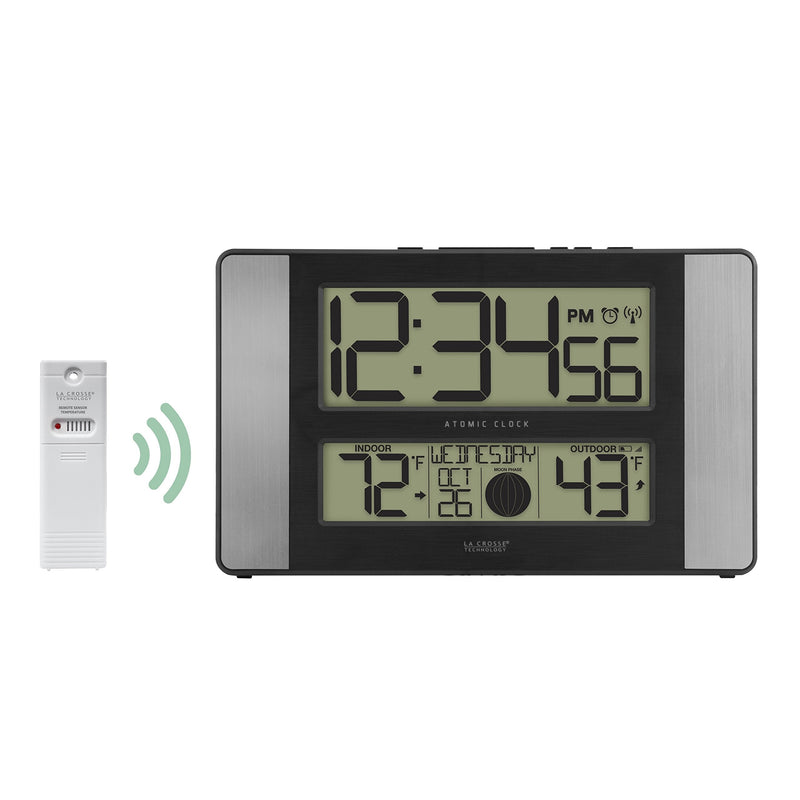 La Crosse Technology 513-1417AL-INT Atomic Clock w Outdoor Temp, Grey/Black Modern 6.75-inch x 11.1-inch x 1.14-inch Silver