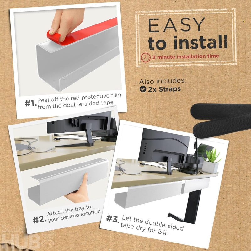 No-Screw Under Desk Cable Management Tray - Self-Adhesive Installation, Cord Management, Cable Tray, Under Desk Wire Organizer - White Set of 2 2pcs Self Adhesive