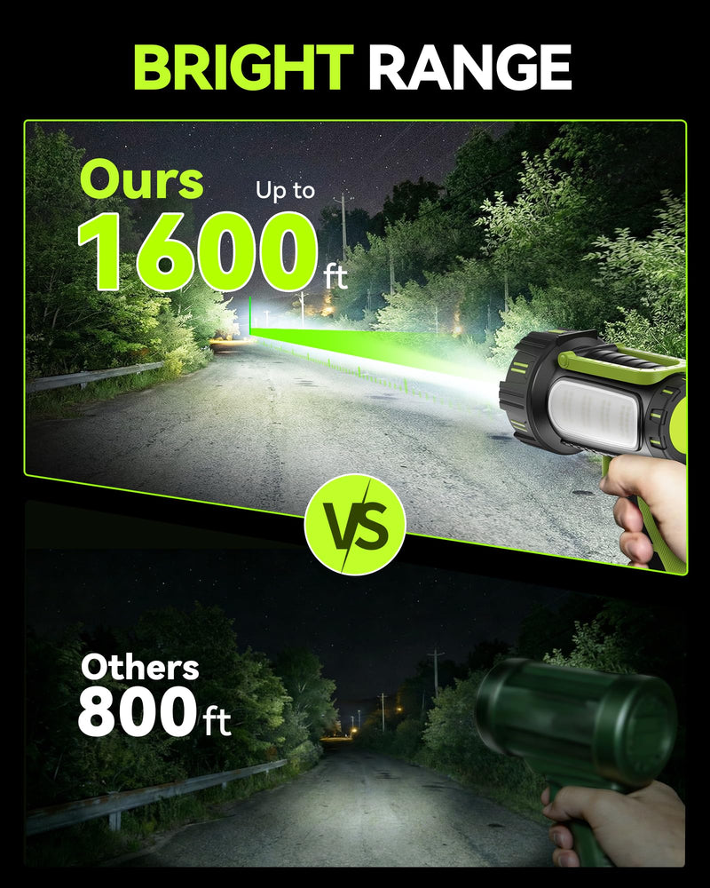 AlpsWolf Rechargeable Flashlights High Lumens, Super Bright 10000mAh Spotlight Flashlight with Built-in Stand & 3 Color Lenses, Water-Resistant LED Handheld Flashlight for Camping, Search, Emergencies Green