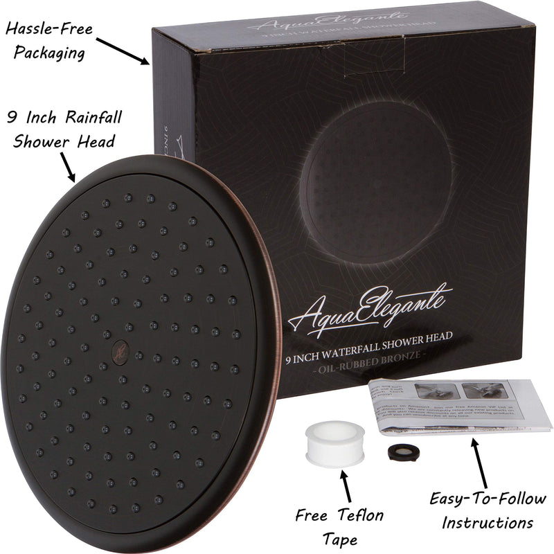 Waterfall Showerhead - 9 Inch Large Overhead Rain Shower Head - High Flow Best With Extension Arm, 2.5 GPM - Oil-Rubbed Bronze Oil Rubbed Bronze 2.5 GPM Standard