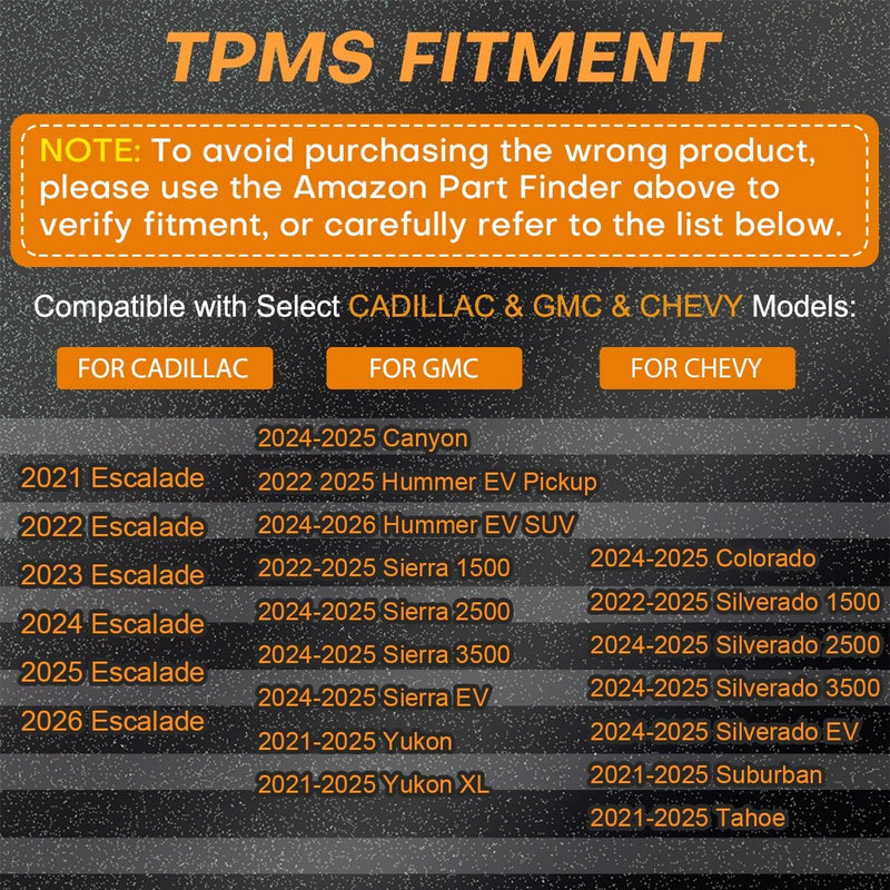 Pre-Programmed Tire Pressure Monitoring System Sensor Compatible with Select Cadillac Chevy GMC Models Escalade Colorado Silverado Suburban Tahoe Canyon Sierra Hummer Yukon 433MHz 4 PCS