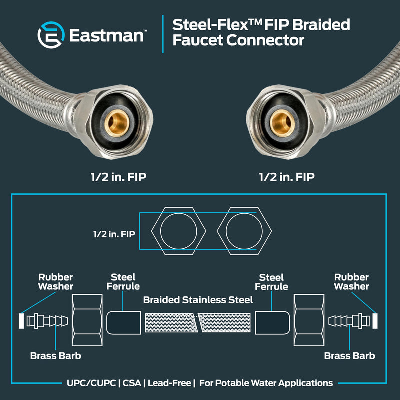 Eastman 36 inch Steel-Flex Faucet Connector, 1/2 Inch FIP x 1/2 Inch FIP, Braided Stainless Steel Faucet Supply Line, 48020 36 in.