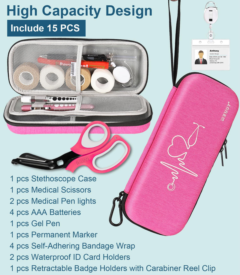 MEUUT 15 pcs Stethoscope Case Kit, Perfect Nurse Gift Include Stethoscope Case, Medical Scissors, Penlights with Batteries, Bandage Wraps, Badge Holders for Nurse Accessories for Work Raspberry