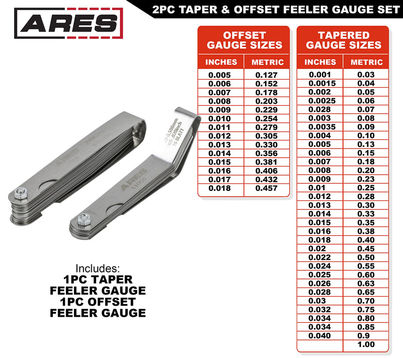 ARES 11042-2-Piece Tapered Feeler Gauge and Offset Feeler Gauge Set has 32 Dual-Marked SAE & Metric Sizes - Offset has 16 Dual-Marked Sizes - Precisely Measure Mechanical Clearances 2-Piece Tapered and Offset Feeler Gauge Set