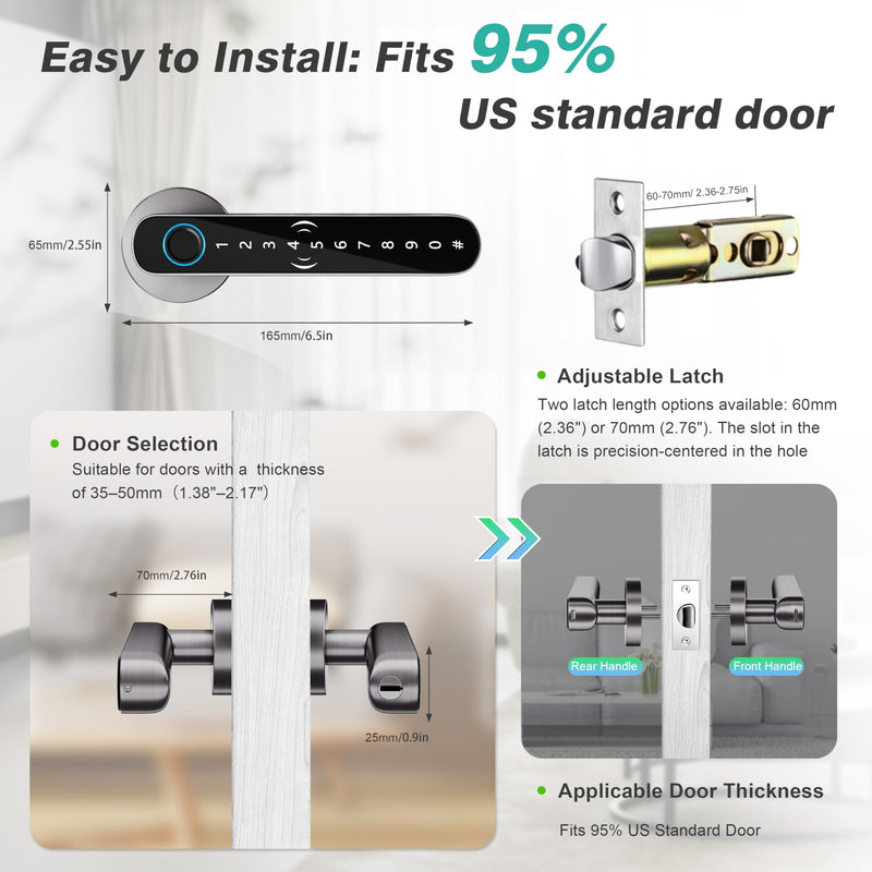 5 in 1 Fingerprint Door Handle Lock for Bedroom,Smart Biometric Door Knob with Code,Electric Finger Print Doorknob,Keyless Entry Door Lock for Apartment,Interior Room,Office,Motel(Grey,Black) Grey+Black
