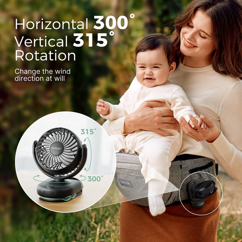 Momcozy Portable Stroller Fan with Clip | 4-Speed Mini-Fan for Carrier | Personal Fans Ultra Light 0.26lb | Gaps ≤4.5mm | Handheld Cooling | Rechargeable Rotate for Diaper Backpack/Table/Chair Black