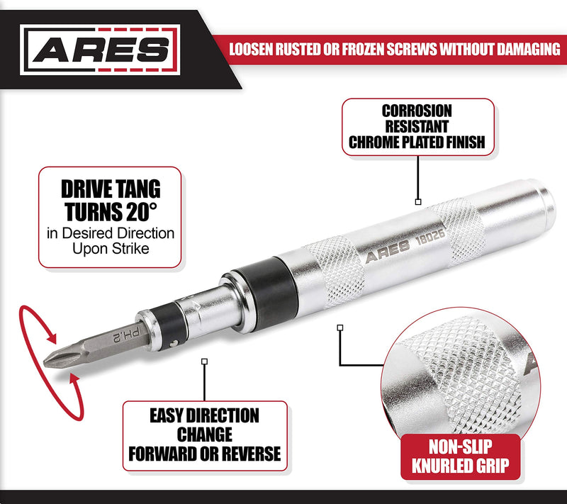 ARES 18026-1/4-Inch Drive Manual Reversible Impact Driver - Includes 6-Piece Flathead, Phillips, and Spiral Screw Extractor Bit Set - Disengage Rusted Fasteners or Frozen Bolts - Compact Design 1/4" Reversible Impact Driver