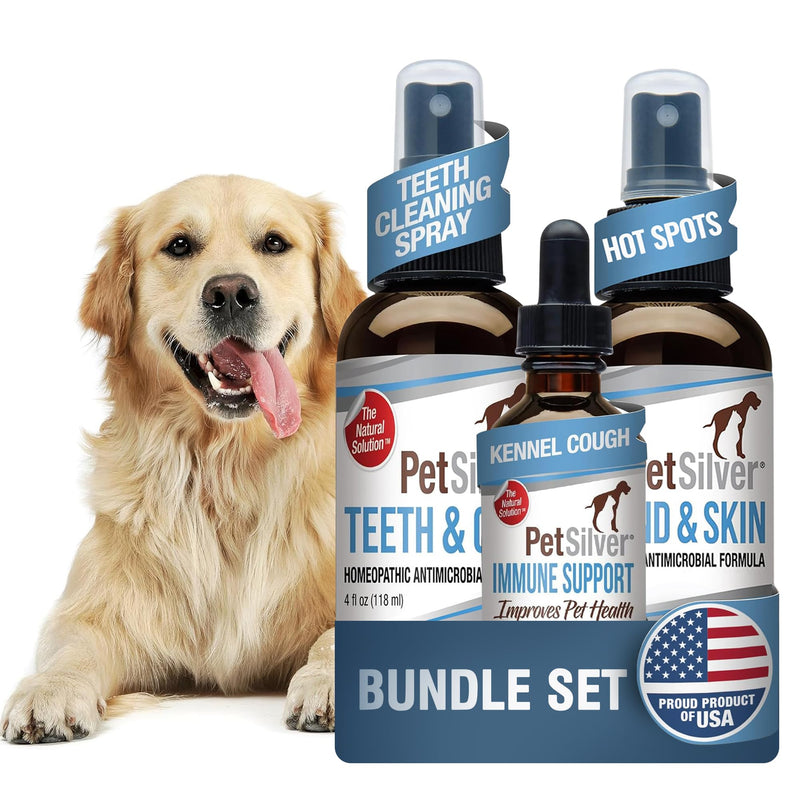 PetSilver - Wound & Skin Spray (4 fl oz), Teeth & Gum Spray (4 fl oz), and Immune Support (2 fl oz) with Patented Chelated Silver - Wound Care, Oral Care, Sinus & Cough Relief for Cats and Dogs