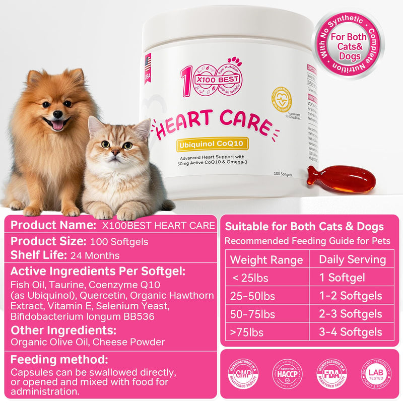 Dogs & Cats Heart Supplement with Taurine & Ubiquinol CoQ10 (Reduced Form) – Cardiac Support, Omega-3 Fish Oil, Antioxidants, Senior Myocardial Energy & Circulation Support – 100 Softgels