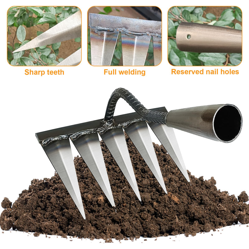 Ironrake The Heavy-Duty Iron Weeding Rake,1pc Iron Rake for Gardening and Weeding with 5 Metal Tines,Weeding Rake for Sturdy Dethatching,Ironrake for Backyard Lawn Loosening Planting Weeding