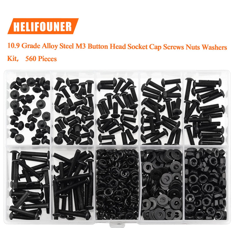 560 Pieces M3 x 5mm /6mm /8mm /10mm /12mm /16mm /20mm, Button Head Socket Cap Screws Bolts Washers Nuts Kit, 10.9 Grade Alloy Steel, Full Threaded, Black