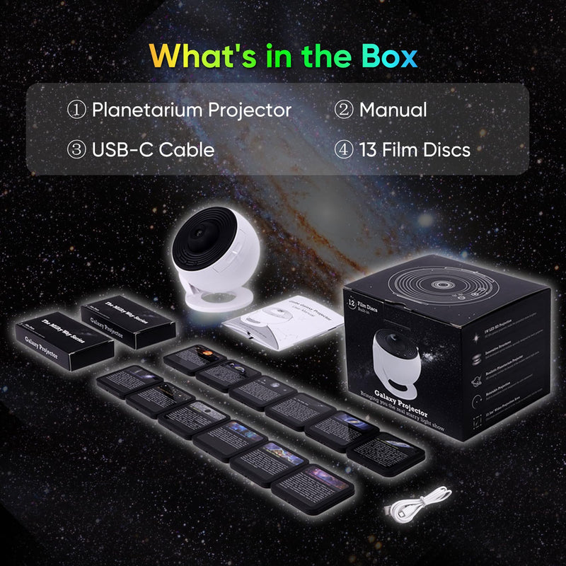 Galaxy Projector for Bedroom, HD Image Star Projector Galaxy Light Adjustable Knob, 13 Film Discs Planetarium Projector for Kids, 360° Rotating 1/2h Timer Simple 3-Button Control Black&White