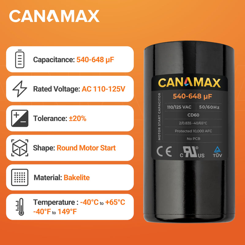 Canamax Premium 540-648 uf/MFD 110-125 VAC Volt Run Round Start Capacitor - Exact Fit for OEM Single Phase Motor Capacitors Condenser Straight Cool or Heat Pump Air Conditioner 110-125VAC