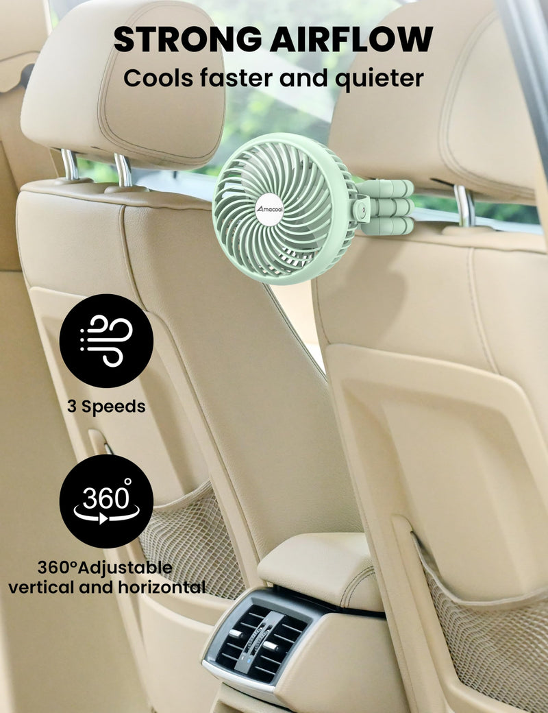 AMACOOL Baby Stroller Fan - 5000mAh Rechargeable, 3-Speed, Strong Yet Quiet, 360°Rotate Portable Clip on Fan for Travel, Car Seat, Crib, Bike, Treadmill, Beach Vacation Essentials Green