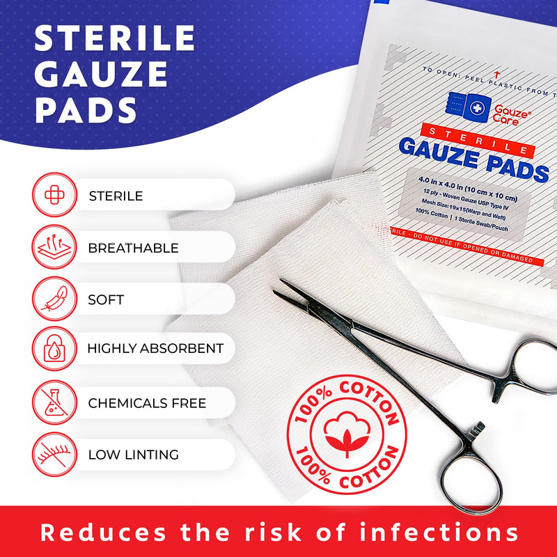 100pc Large Sterile Gauze Pads 4x4 Sterile for Wounds Bulk - 12ply Woven Gauze Sponges 4x4 Sterile - USP IV Breathable Mesh 4x4 Gauze Pads Sterile for Enhanced Absorption - First Aid Medical Woven Gauze Pads 100% Cotton Woven 4"x4" 100 Count
