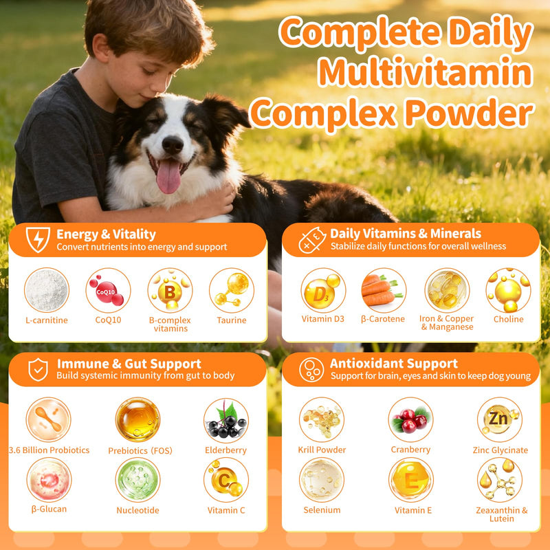 Dog Vitamins and Supplements for Daily Energy, Immune, Antioxidant, Gut, Skin & Coat, Dog Multivitamin Powder for Homemade Food with L-Carnitine, Taurine, Probiotics - Chicken Flavor, 75 Scoops 180G-Chicken
