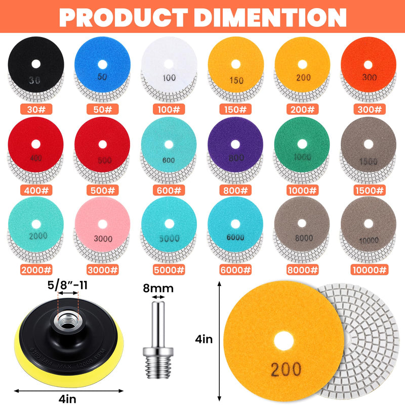 20 Pack Diamond Polishing Pads Set, 4 Inch Wet/Dry Granite Stone Polish Pad Kit 30-10000 Grit with 5/8’’-11 Backer Pad Drill Grinder Adapter and Wool Disc for Marble Rock Concrete Stone Quartz