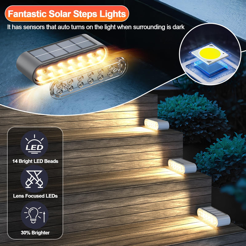 Solar Step Lights for Outside, 8-Pack Stair Light Outdoor Waterproof IP67, 14 LED Warm White Light Solar Powered Lighting for Steps, Stairs, Deck, Patio, Walkway, Front Porch Decor Warm Light