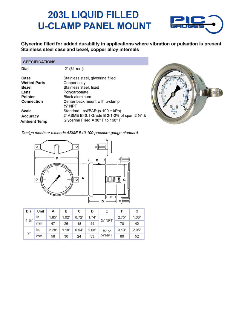 PIC Gauges 203L-204H U-Clamp Panel Mount Glycerine Filled Pressure Gauge w/ SS Case/Bezel, Brass Internals, PC Lens, 2" Dial, 0/300 psi Range, 1/4" Male NPT 0 - 300 PSI