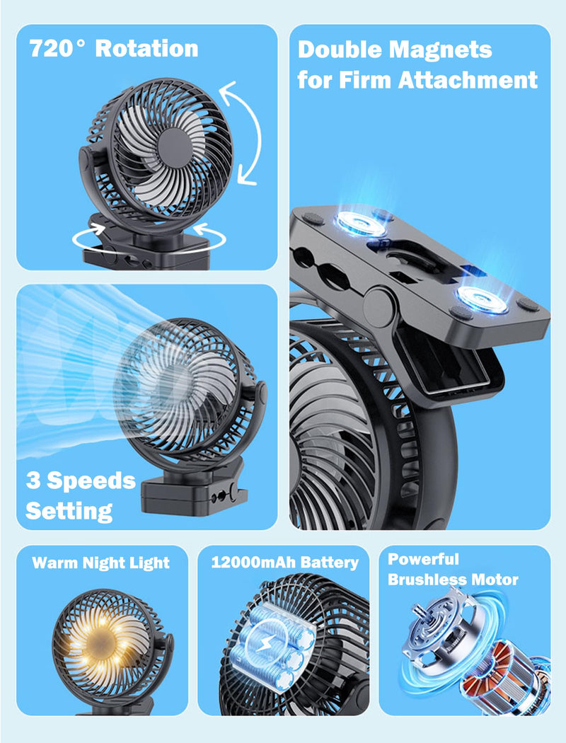 Magnetic Cruise Ship Approved Fan, 12000mAh Battery Operated Clip on Fan with 3 Speeds, LED Lantern, Timer, Magnetically Sticks on Cabin Ceilings and Walls, Cruise Essentials 2026 1-Pack