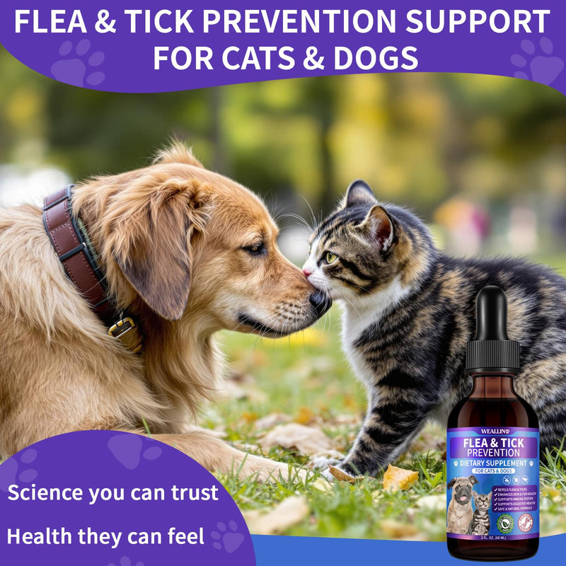 WEALLIN Flea and Tick Prevention for Cats and Dogs Natural Flea Treatment Support Drops with Multivitamin for Pets Oral Natural Supplement Flea and Tick Treatment Drops for All Breeds and Ages