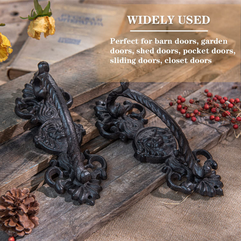 Sungmor 2PC Solid & Sturdy Cast Iron Gate Handles, Heavy Duty 8.7" Long Strong Barn Door Handles, Pretty Rustic Farmhouse Fence Gate Garage Closet Drawer Cabinet Decorative Handles Sliding Door Pulls Flower Pattern-8.7H*3.4W*2.8H(inch)