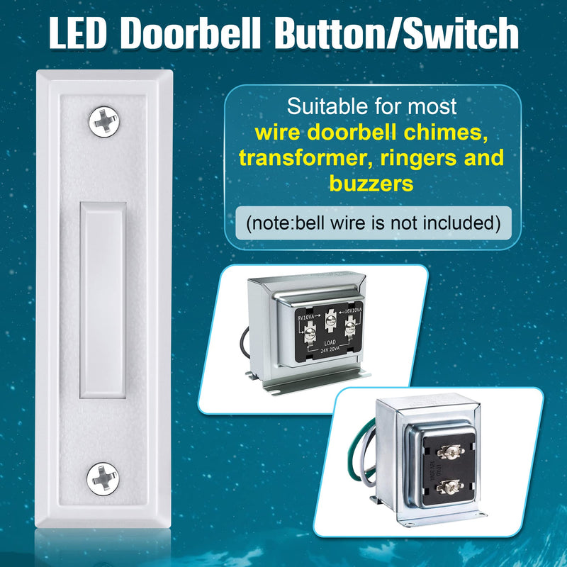Saillong 1 Piece Lighted Doorbell Button, Wall Mounted Garage Door Opener Switch with LED Light Compatible with Most Wire Doorbell Chimes, Transformer, Ringers, Buzzers (White,White Light) White, White Light