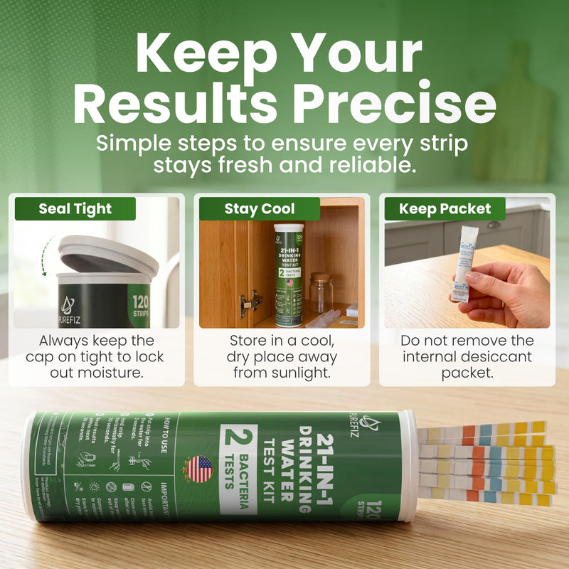 21-in-1 Drinking Water Test Kit – 120 Strips + 2 Bacteria Tests – Easy DIY Testing for Tap, Well & Spring Water – Tests Lead, Fluoride, Iron, Hardness, pH, Chlorine, Copper, Bacteria & More Drinking Water Test Kit (120 Pack)