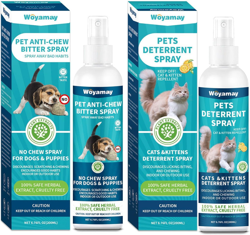 Woyamay No Chew Spray for Dogs 200ml + Cat Deterrent Spray 200ml to Stop Chewing Licking of Furniture, Prevent Scratching, Digging & Chewing