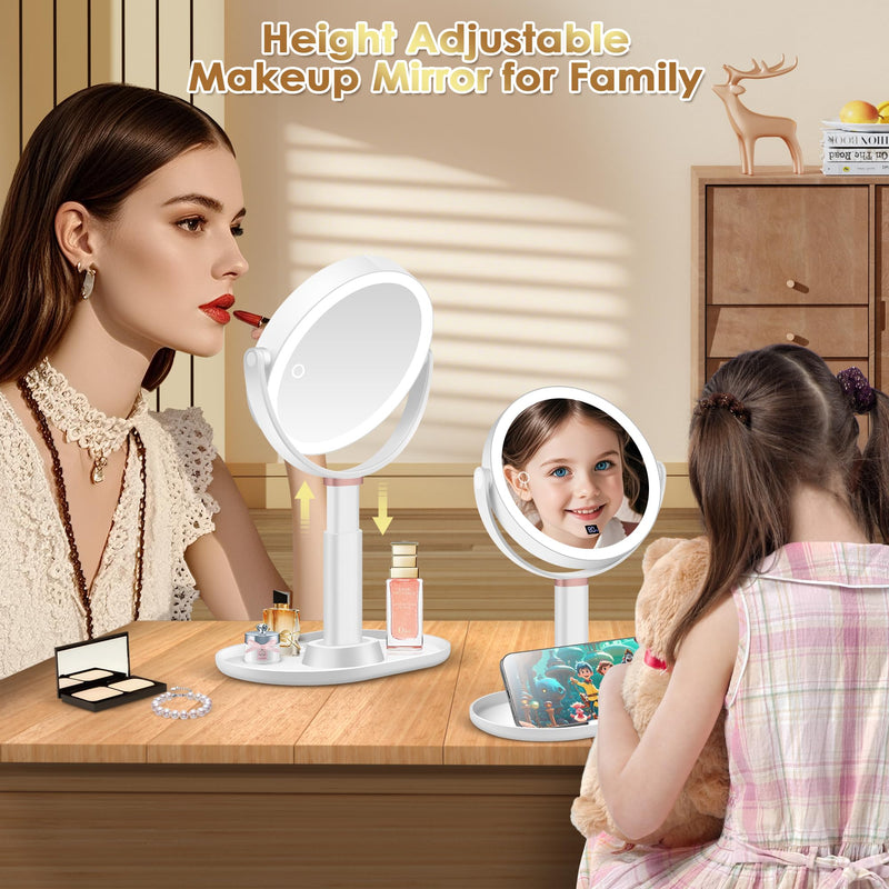 MIYADIVA Makeup Mirror with Lights, 30X/1X Magnifying Mirror with Digital Display, Height Adjustable Desk Mirror, Detachable for Travel, Vanity Mirror with Phone Holders and Tweezers, Gifts for Women White