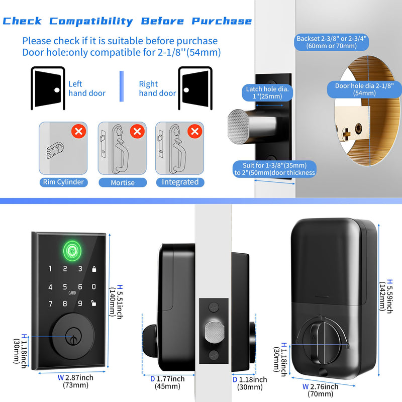 Smart Door Lock with Fingerprint, Keyless Entry Door Lock with Built-in Bluetooth,Fingerprint ID,App Remote Control,Auto Unlock,Door Status Alert