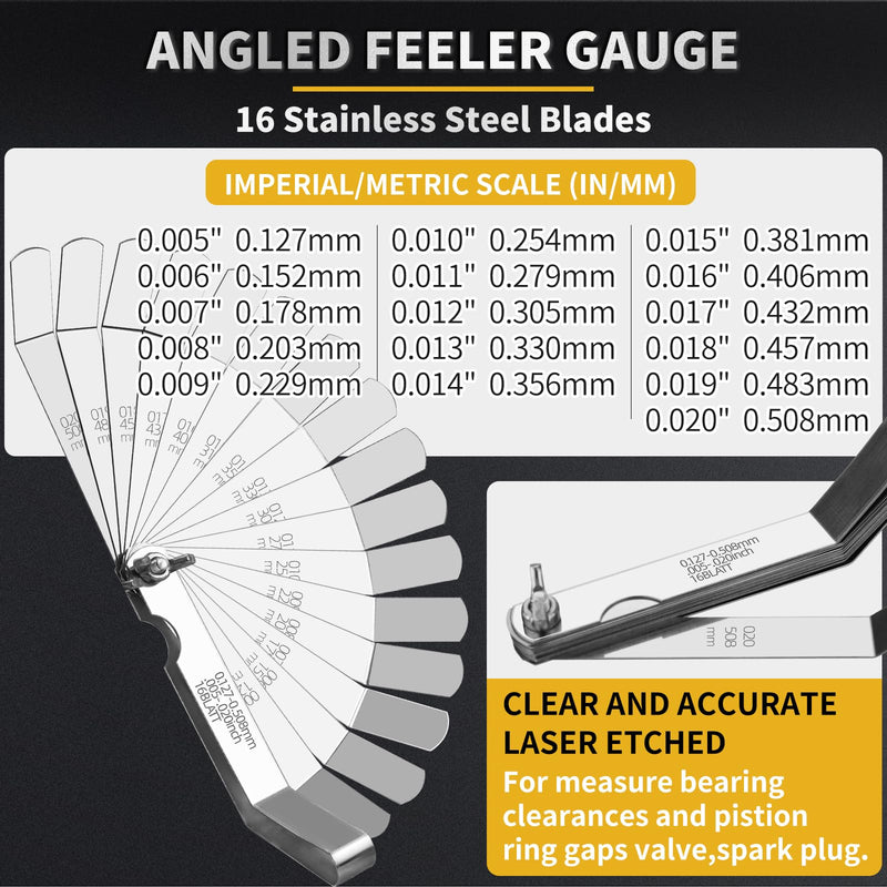 Stainless Steel Feeler Gauge Set, 2PCS 32 Blades Feeler Gauge & 16 Blades Offset Thickness Gauge with Standard SAE and Metric Dual-Marked, Filler Gauge Set for Measuring Spark Plug Valve Gap