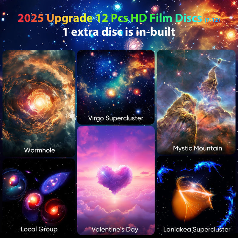 Galaxy Projector for Bedroom Pro Version, Upgraded Film Disc Star Projector for Kid 12 in 1 Planetarium Projector HD Image Adjustable Knob 360° Rotating 1/2h Timer Simple 4-Button Control Blue