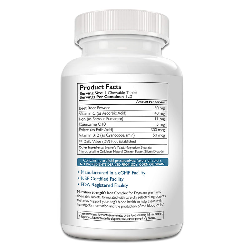 Iron for Dogs with Anemia to Support Blood Health, Blood Cell Formation & Oxygen Supply, Iron Supplement for Anemic Dogs + Vitamin C, Folate, Vitamin B12, 120 Chewable Tablets - PawsPlanet Australia