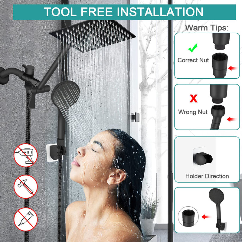 Shower Head, 8‘’ High Pressure Rainfall/Handheld Shower Combo with 11'' Extension Arm, 9 Settings, Anti-leak Shower Head with Holder, Height/Angle Adjustable, Chrome, Matte Black 8 inch - Matte Black
