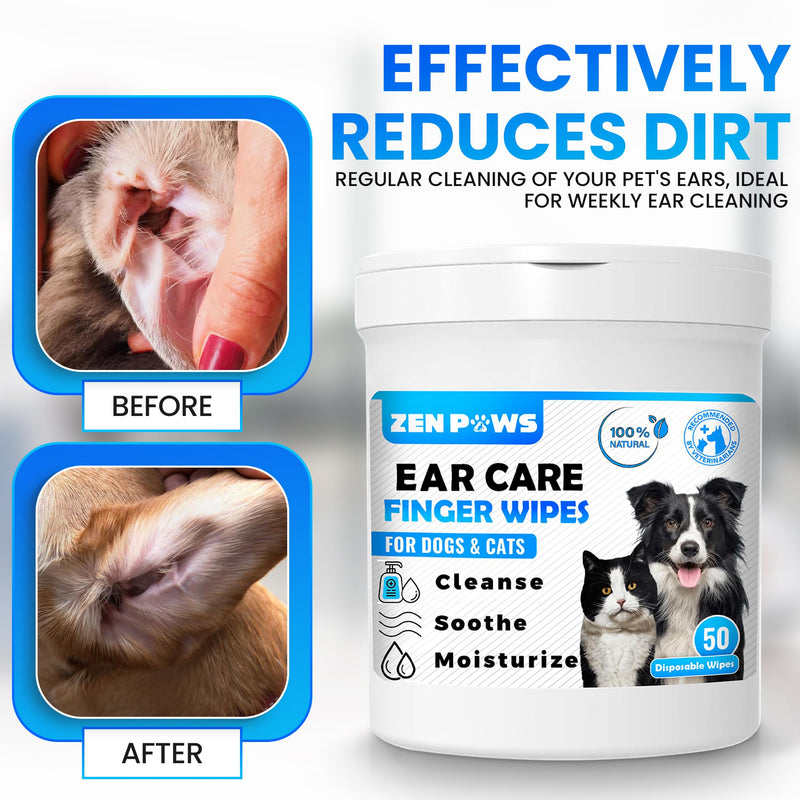 Zenpaws Dogs & Cats Ear Cleaner Finger Wipes - Relieve Ear Itching & Inflammation - Reduce Dirt, Odor and Wax Build - Natural Ingredients - Sooths & Deodorizes – 50 Count - PawsPlanet Australia