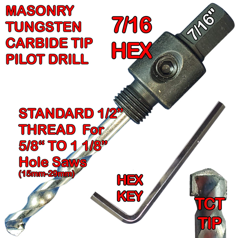 Hole Saw Extension and Arbor Kit 7/16" : 1/2" Hex Arbors X2 and 12" Extension Fits Hole Saws from 5/8 Inch to 10 Inch with Both TCT and Hss Pilot Drill Bits So Drilling Deep Holes in Wood Or Masonry 7/16" Arbor+Extension Kit