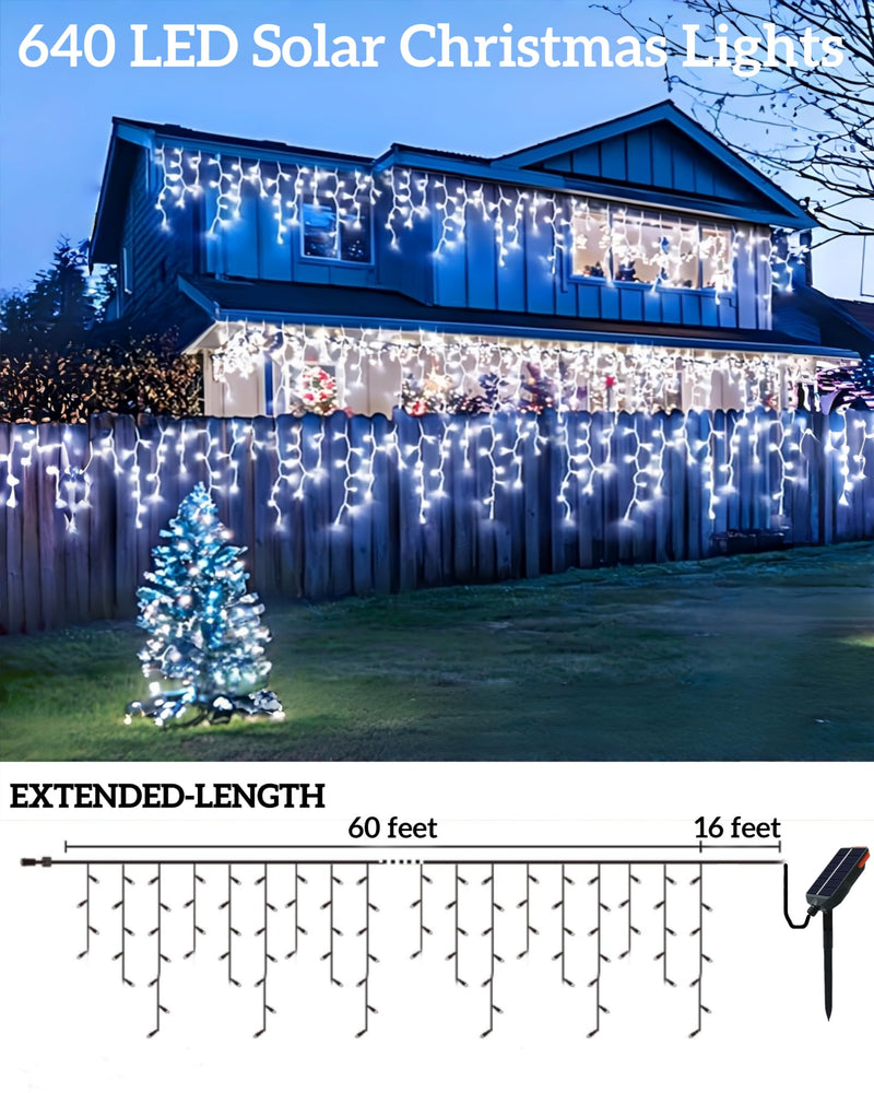 Solar Christmas Lights Outdoor 640LED 16Ft+60Ft, Solar Icicle Lights Waterproof with 13 Modes Rechargeable for Outside Roof Fence Christmas Decorations (Cool White) Cool White