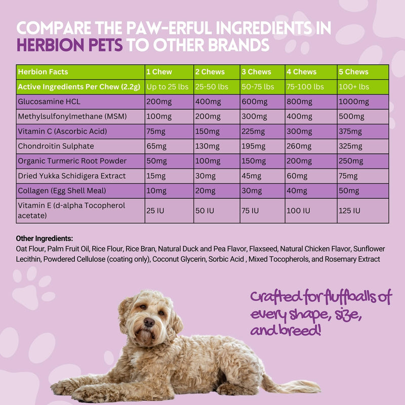 Herbion Pets Joint Care Chews with Glucosamine & Turmeric, 120 Soft Chews, MSM & Chondroitin for Pain Relief, Improves Mobility, Supports Healthy Joints, Made in The USA - for Dogs 12 Weeks+ - PawsPlanet Australia