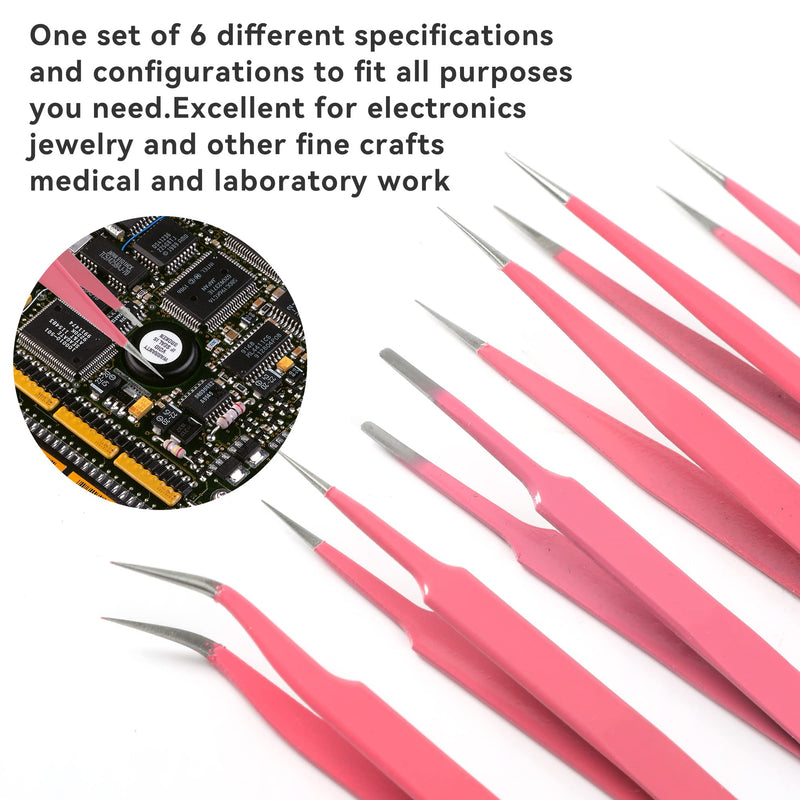 Pink Precision Tweezers 6PCS Set, Upgraded Anti-Static Stainless Steel Curved of Tweezers for Women, for Electronics, Laboratory Work, Jewelry-Making, Craft, with Storage Bag Pink