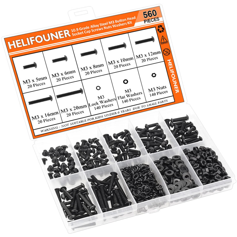 560 Pieces M3 x 5mm /6mm /8mm /10mm /12mm /16mm /20mm, Button Head Socket Cap Screws Bolts Washers Nuts Kit, 10.9 Grade Alloy Steel, Full Threaded, Black