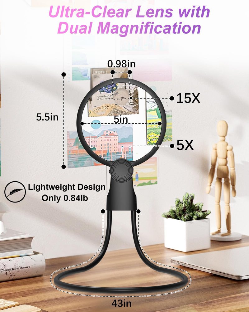 Hands Free Magnifying Glass with Light, 5X 15X Lighted Neck Magnifier for Craft Cross Stitch Needlepoint Needlework Sewing Embroidery Reading, Magnifying Glasses for Close Work, Low Vision Seniors