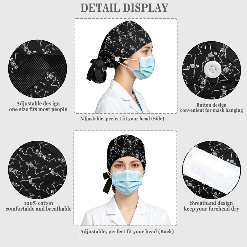 Ponytail Scrub Cap for Women - Surgical Caps with Breathable Fabric,Comes with a Matching Bow Scrunchie Hair Tie Black Skull