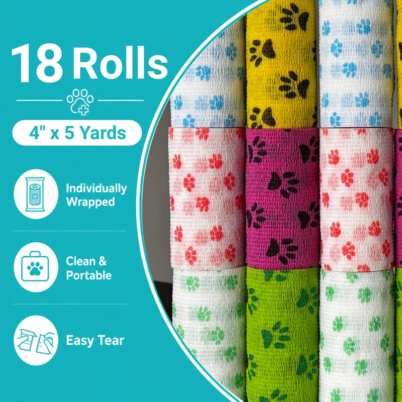 Vet Wrap Bandage for Dogs, 18 Rolls 4" x 5 Yards Self-Adhering Cohesive Pet Bandage Tape, Dog Paw & Leg Wrap for Minor Wound, Hotspots, Broken Nail, Gauze Pads & Licking Protection 4 inch Multicolor5