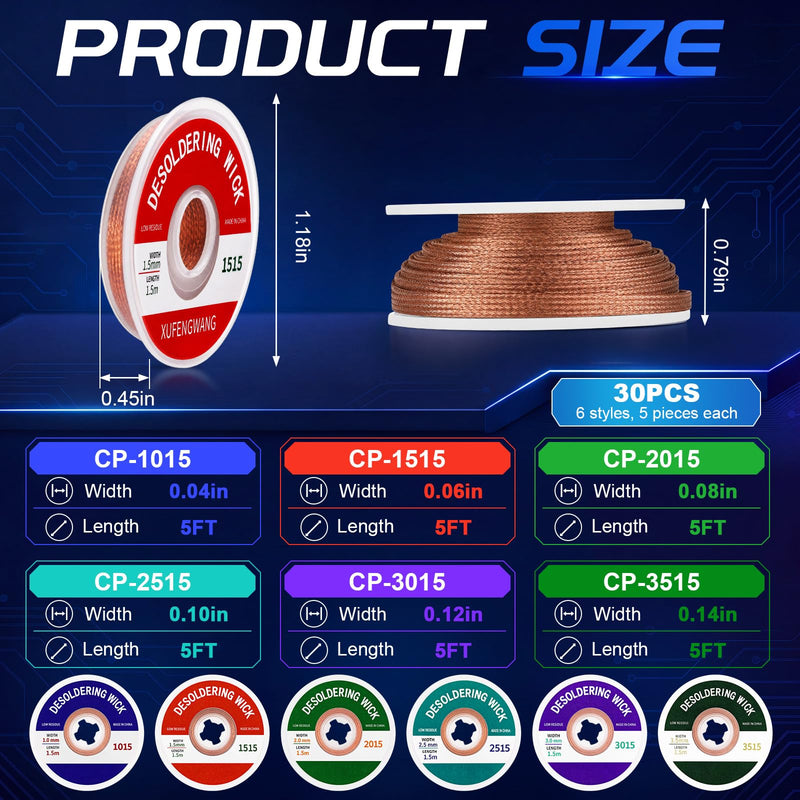 30pcs Solder Braid Wick 6 Sizes Woven Copper Desoldering Wick (0.04/0.06/0.08/0.1/0.12/0.14in, 5ft Each) No Clean Desoldering Braid Solder Remover for Electronics Repair Pcb Circuit Board