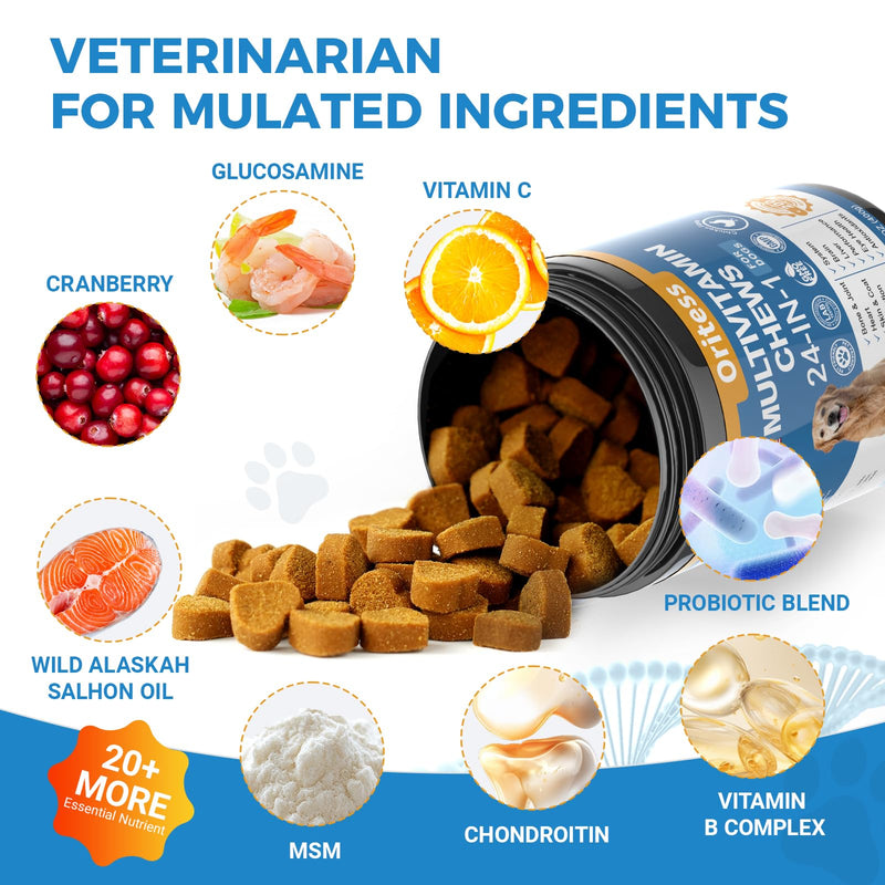 Dog Vitamins and Supplements 200 Chews 24-in-1 Multivitamin Chewable for Dogs with Glucosamine Probiotics Omega-3 Dog Chewable for Coat, Heart, HIPS & Joints, Digestion & Immune System