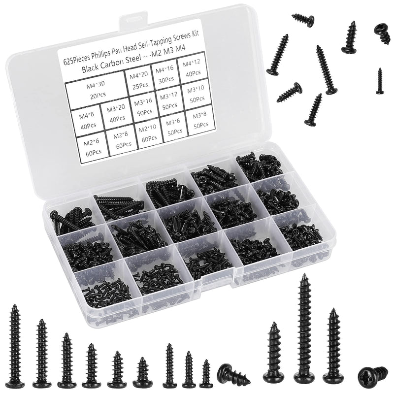 625pcs M2 M3 M4 Phillips Pan Head Self-Tapping Wood Screws,14 Sizes Cross Recessed Round Head Self Tapper Screws Assortment Kit for Wood,Plastic and Soft Metal,Black Carbon Steel,Sharp Point Black:625Pcs Pan Head M2-M3-M4